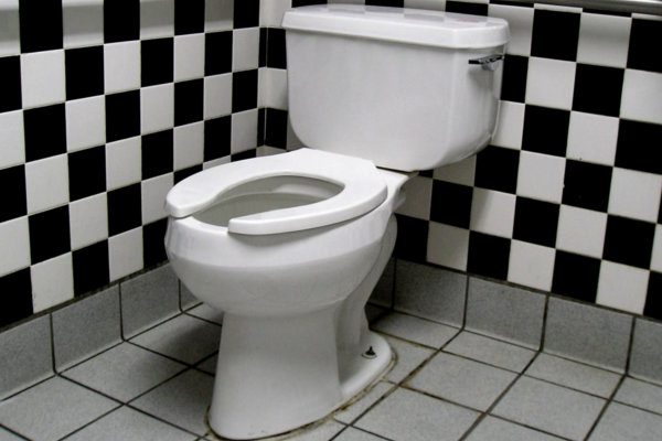 A toilet cubicle with black and white ceramic tiles.